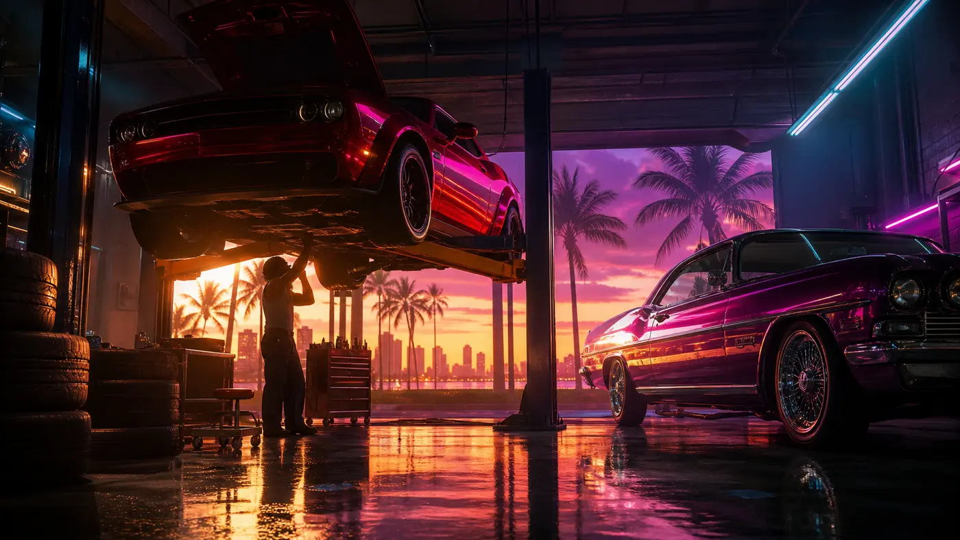 Intérieur d'un garage de customisation automobile façon Vice City au crépuscule dans GTA VI, une muscle car surélevée sur un pont hydraulique capot ouvert, peinture brillante reflétant des néons roses et turquoise, un lowrider sur jantes chromées à côté, pneus empilés et servante à outils, porte de garage ouverte sur des palmiers et un ciel de coucher de soleil orange et violet