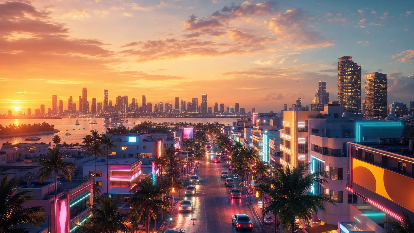 Skyline de Vice City au coucher de soleil néon, ville dense et soignée à la veille de sa sortie, façon key-art GTA VI