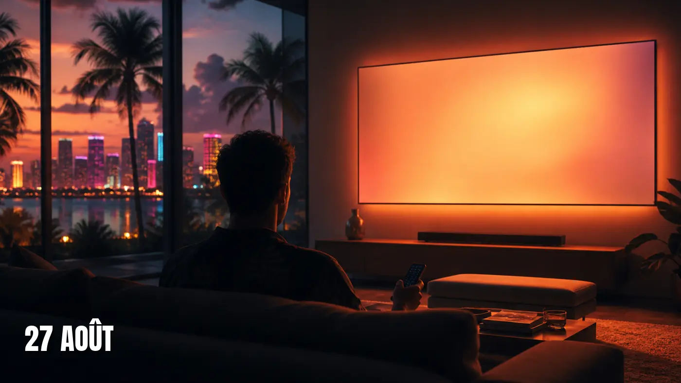 Salon moderne au crépuscule baigné de lumière orange façon Vice City, un grand écran de télévision allumé éclaire la pièce, une silhouette regarde depuis un canapé une télécommande à la main, palmiers et skyline néon derrière la baie vitrée, avec la mention 27 août incrustée