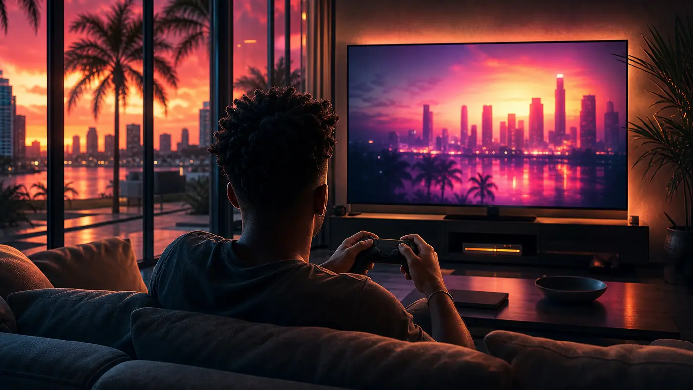 Un joueur vu de dos sur un canapé, manette en main, face à un grand téléviseur affichant une skyline néon de Vice City au coucher de soleil ; par la baie vitrée, des palmiers et des gratte-ciels rougeoient dans un ciel rose et orange