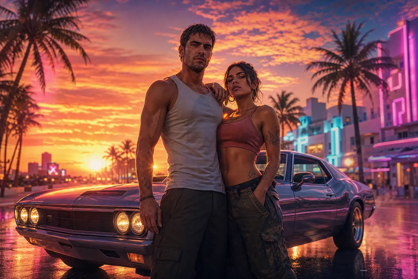 Un couple de criminels au coucher de soleil sur un boulevard bordé de palmiers de Vice City, devant une muscle car, dans la direction artistique néon de GTA VI