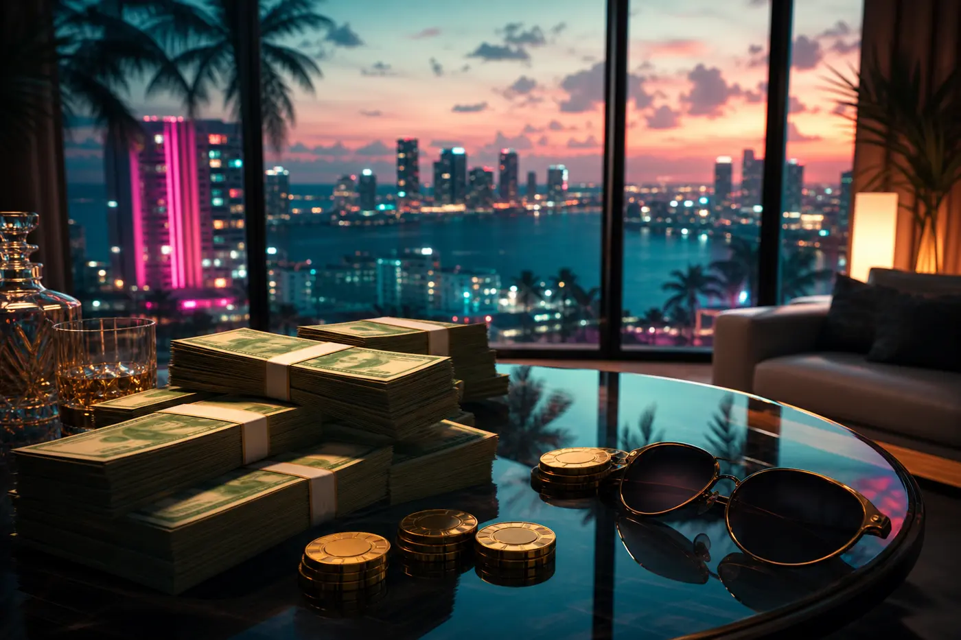 Liasses de billets et jetons dorés sur une table en verre face à la skyline néon de Vice City au crépuscule, dans la direction artistique de GTA VI