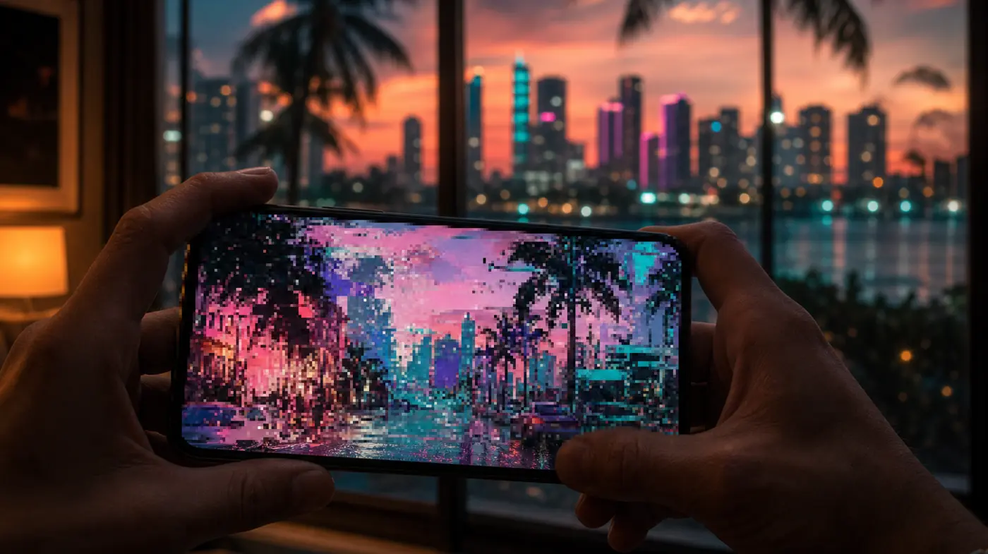 Mains tenant un smartphone qui affiche une scène de rue de Vice City corrompue et glitchée, lumière néon de coucher de soleil en fond, façon GTA VI