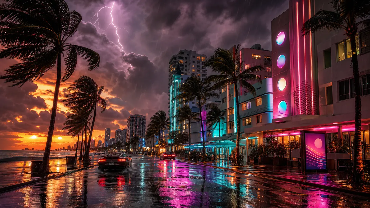Orage tropical sur la skyline de Vice City dans GTA VI : ciel violet zébré d'éclairs, palmiers couchés par le vent et néons reflétés sur une avenue détrempée au crépuscule
