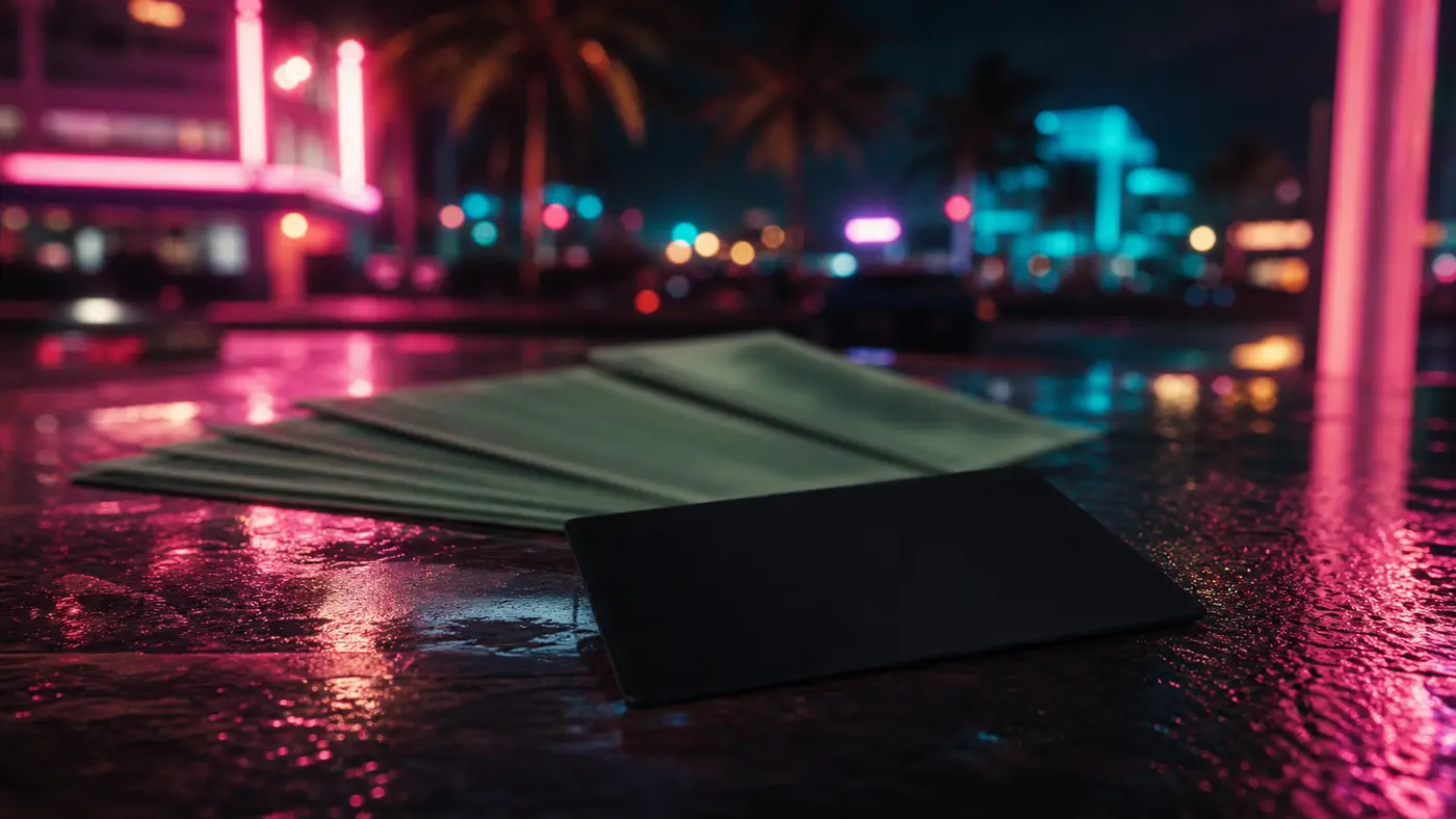Un éventail de billets verts et une carte noire mate posés sur un sol mouillé réfléchissant, baignés dans un néon rose et turquoise de Vice City la nuit, dans le style key-art de GTA VI