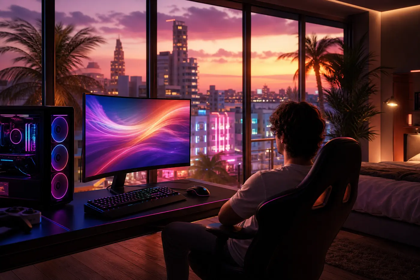 Setup PC gamer face à une baie vitrée donnant sur Vice City au coucher de soleil néon, façon GTA VI