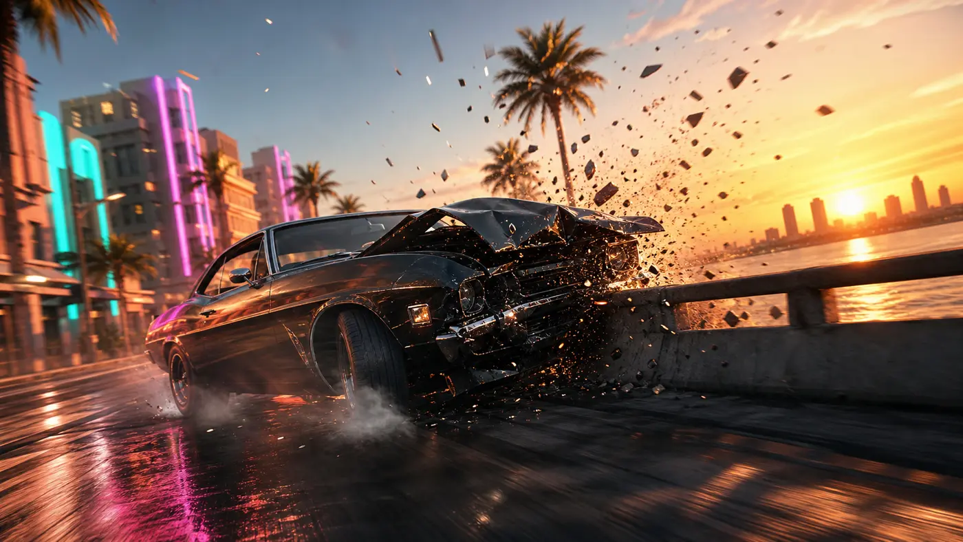 Muscle car en pleine collision sur une rue côtière de Vice City au coucher de soleil, capot froissé, éclats de verre et débris projetés, dans le style de GTA VI