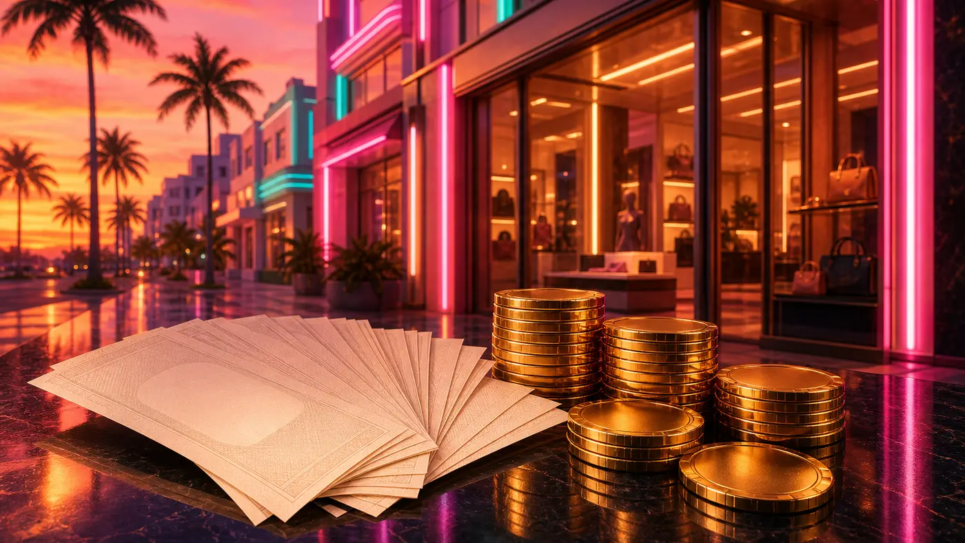 Éventail de billets de banque et piles de jetons dorés sur un comptoir laqué, devant une vitrine de boutique aux néons roses et palmiers de Vice City au coucher de soleil, dans la direction artistique de GTA VI