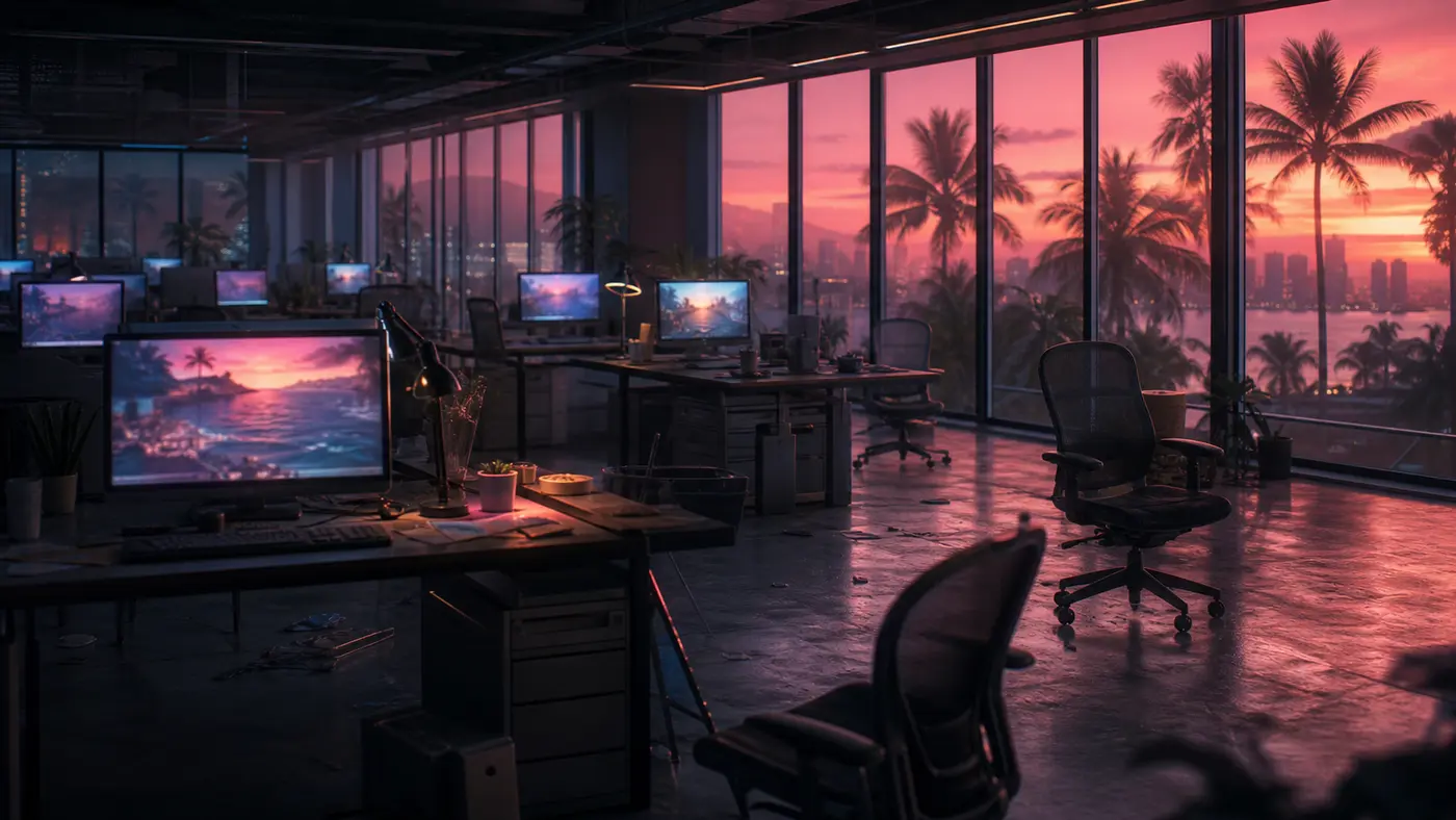 Intérieur d'un grand studio de développement de jeu vidéo vide la nuit, rangées de bureaux avec des chaises abandonnées, quelques écrans encore allumés affichant un paysage tropical au crépuscule, baie vitrée donnant sur des palmiers et une skyline côtière sous un ciel rose et orange