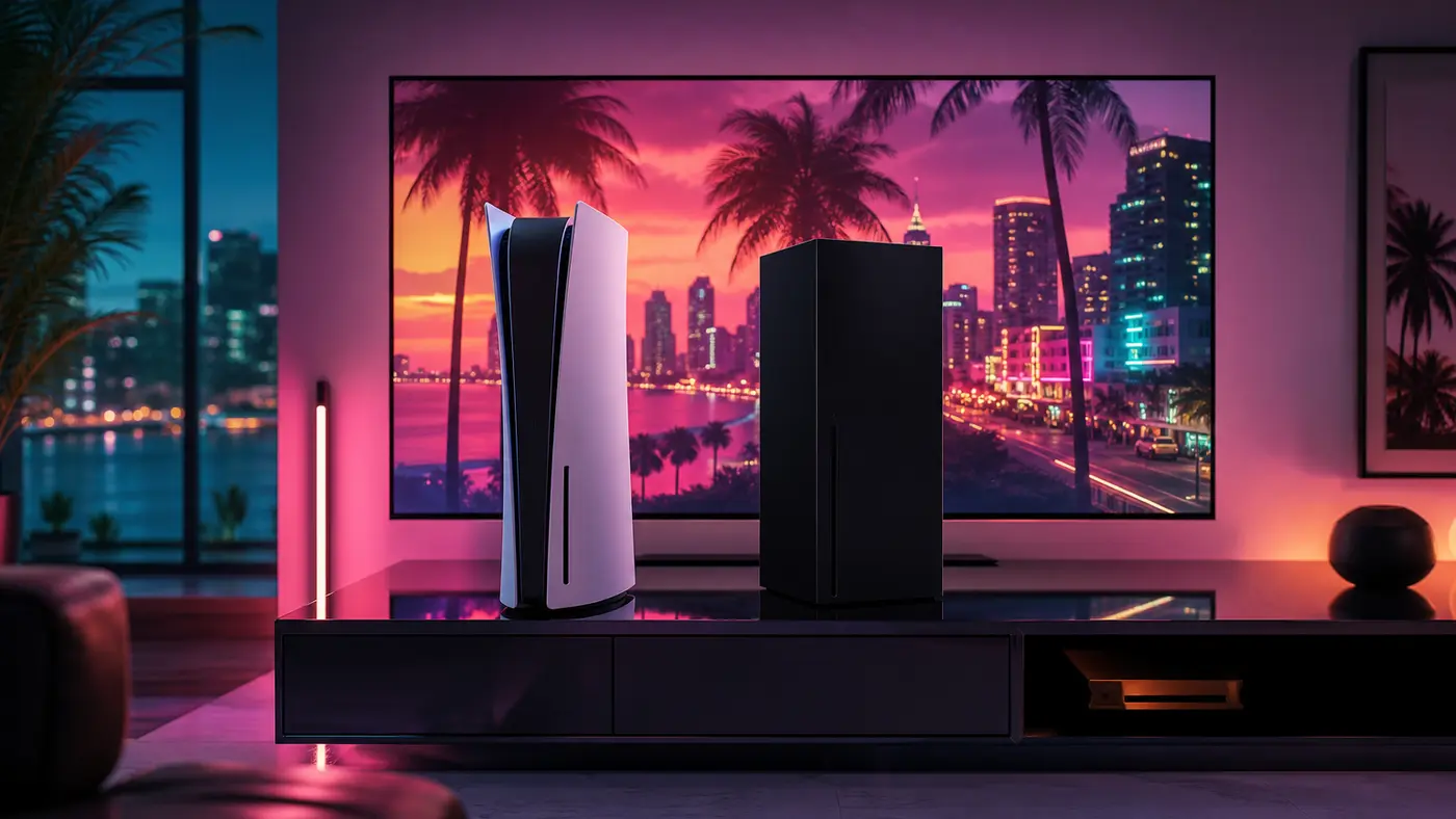 Deux consoles de salon nouvelle génération posées côte à côte devant un téléviseur affichant une skyline néon de Vice City au coucher de soleil, ambiance rose et orange, palmiers en silhouette