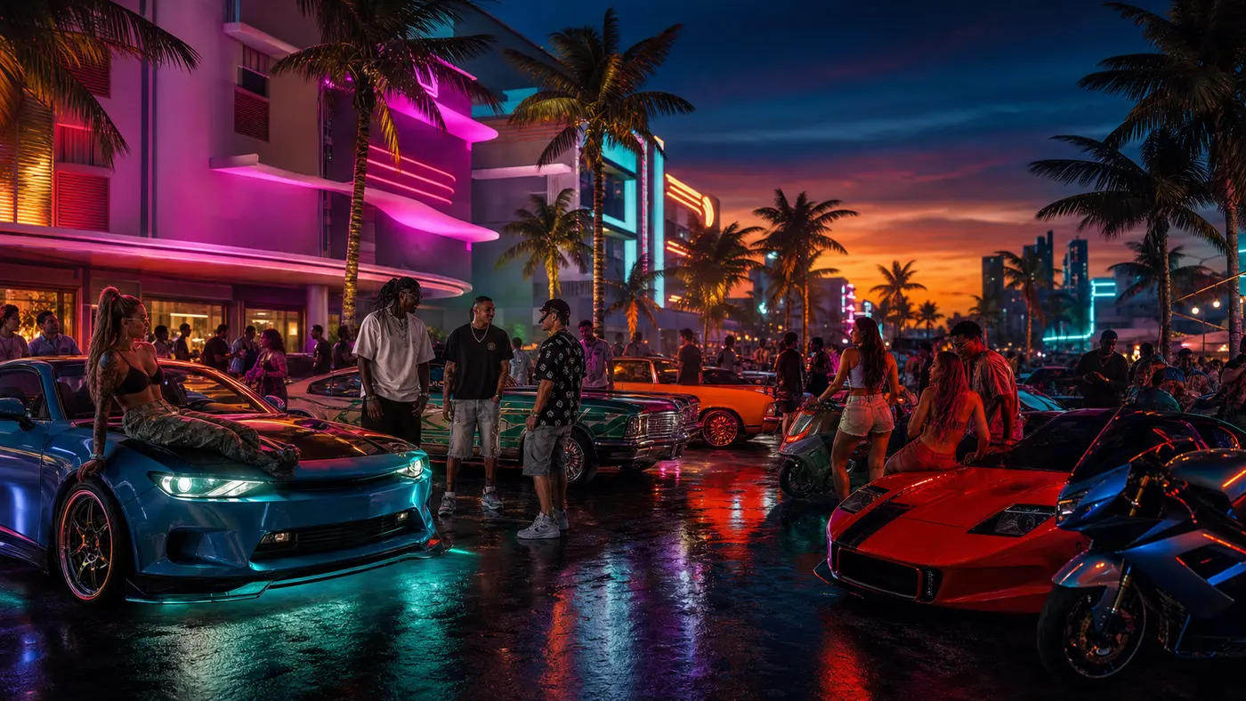 Rue de Vice City la nuit dans GTA VI : une foule de personnages variés rassemblés autour de voitures personnalisées sous des néons roses et bleus, ambiance de communauté en ligne