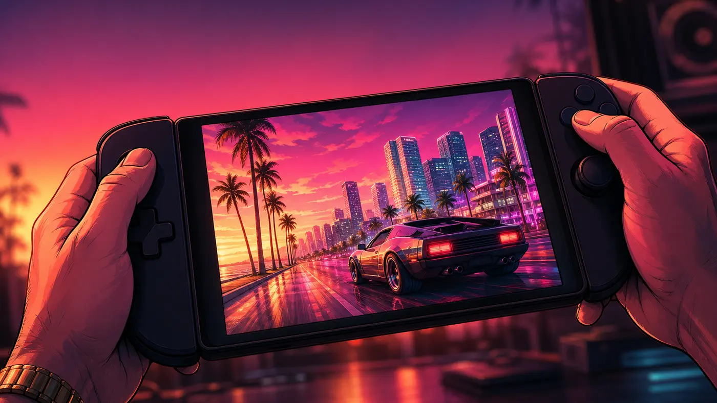 Deux mains tiennent une console portable large à manettes latérales, son écran affichant une scène de GTA VI : skyline néon de Vice City au coucher de soleil avec palmiers, ciel rose et orange et une voiture sportive sur un boulevard côtier