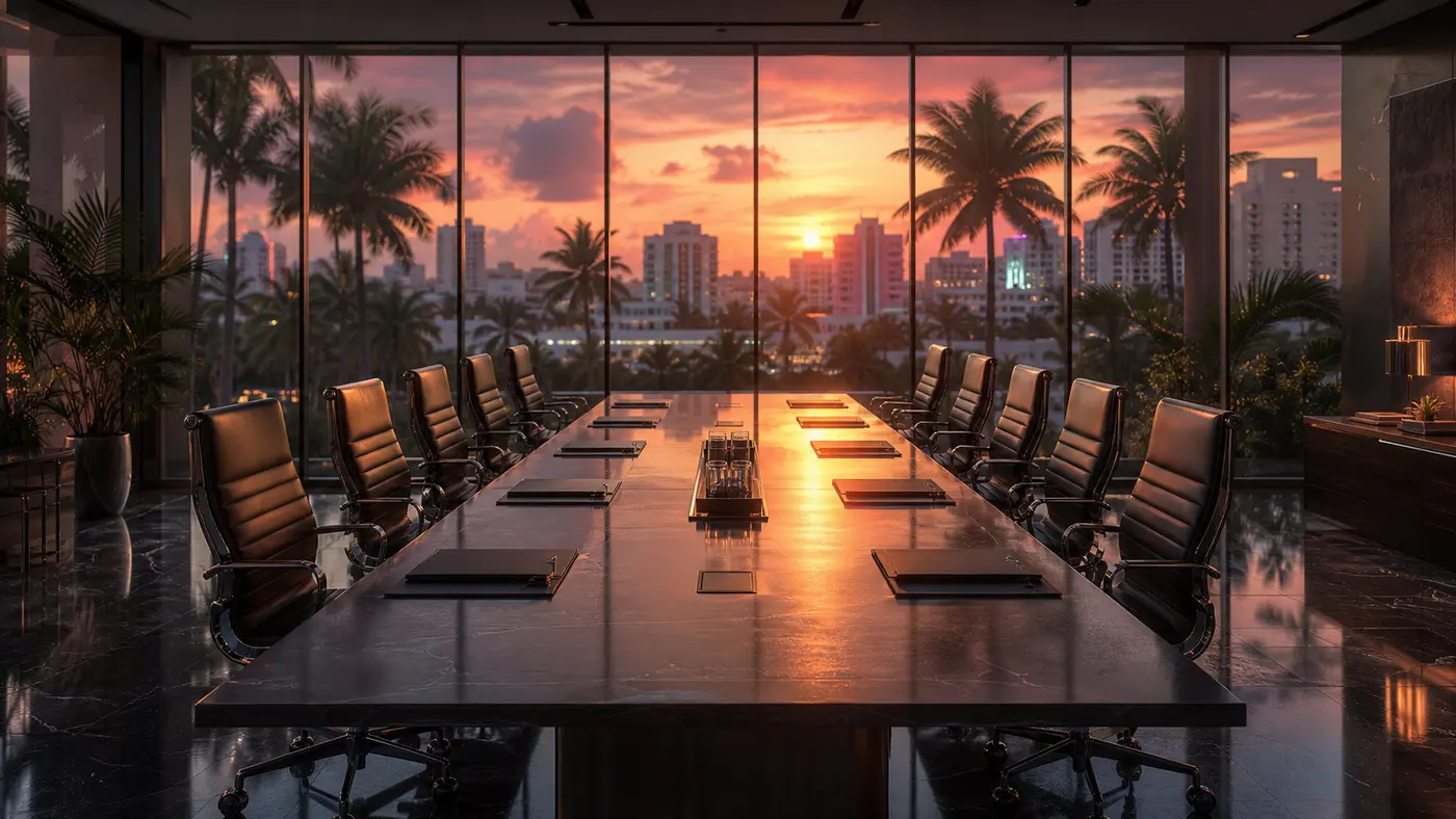 Salle de réunion vitrée d'un studio de jeu vidéo au crépuscule, longue table de négociation bordée de chaises vides se faisant face, baie vitrée donnant sur une skyline tropicale de Vice City sous un ciel rose et orange