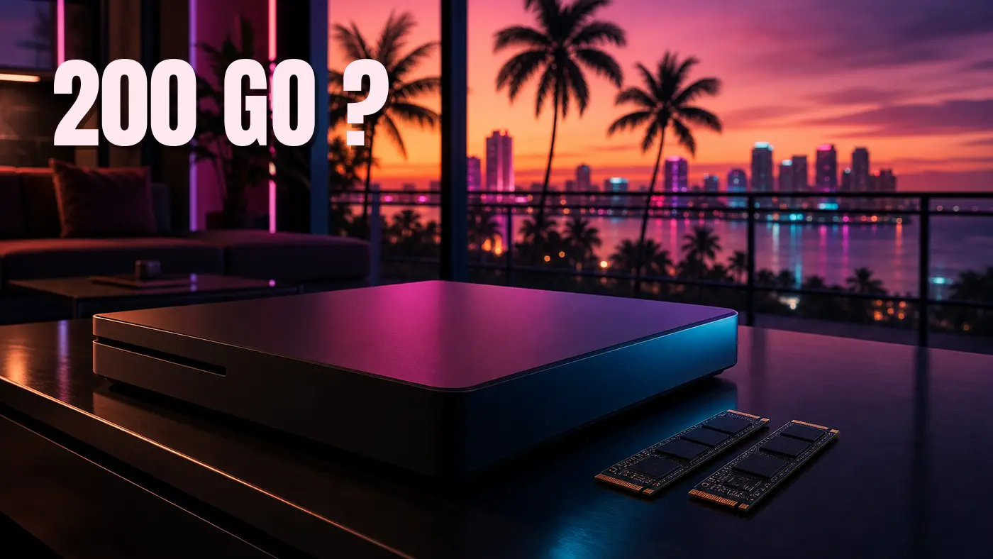 Console de jeu noire posée à plat sur un meuble sombre, deux SSD M.2 à côté, baie vitrée ouverte sur une skyline tropicale au coucher de soleil avec palmiers et néons, label 200 Go avec point d'interrogation