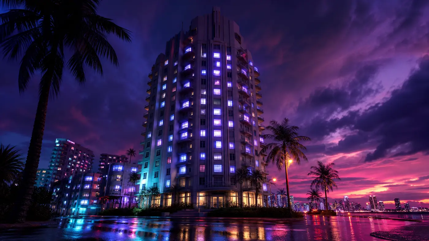 Façade d'un immeuble résidentiel de Vice City la nuit, des dizaines de fenêtres éclairées d'une même lueur bleu-violet de téléviseur, skyline et palmiers au loin sous un ciel sunset