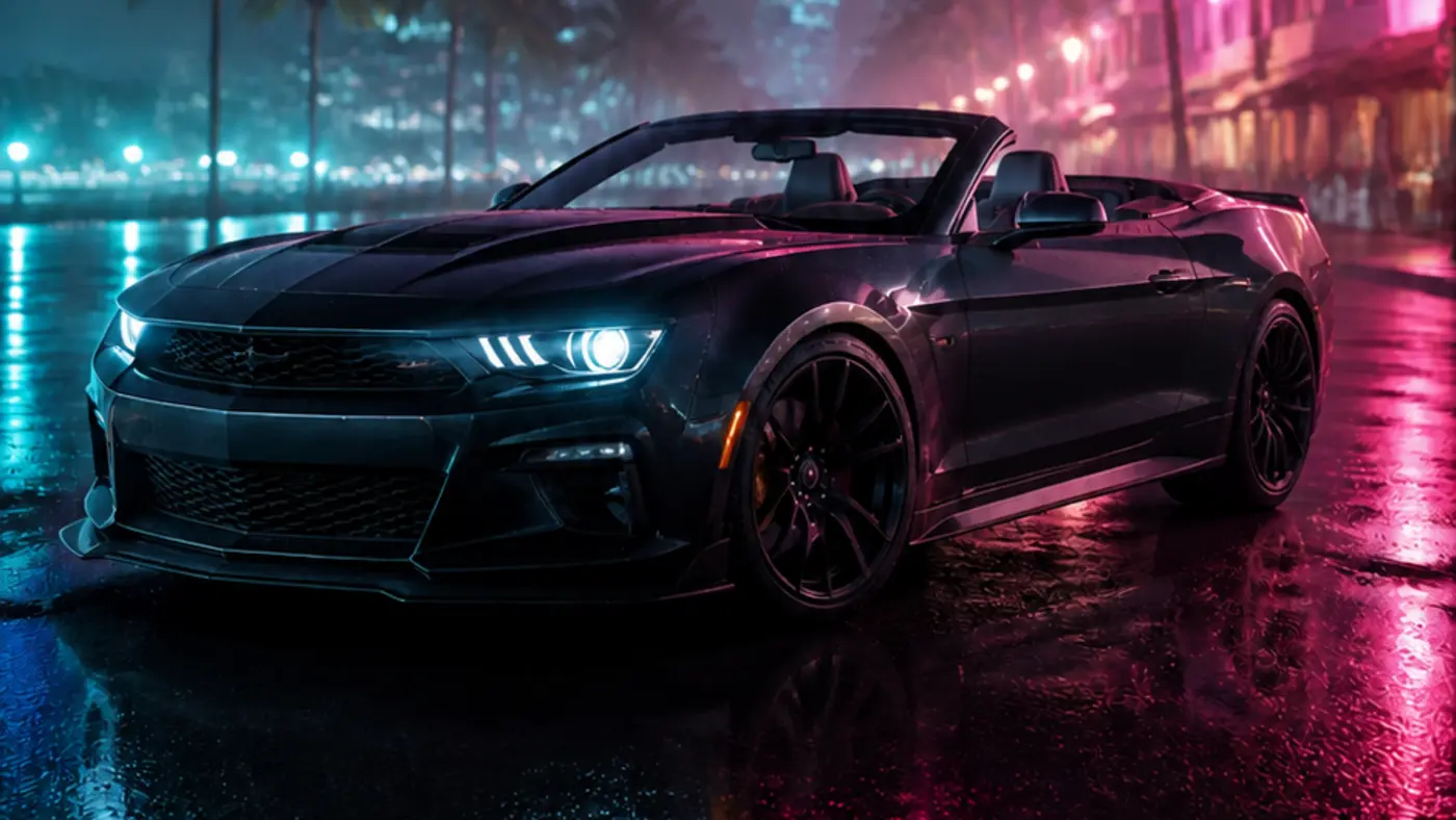 Coupé cabriolet sport noir garé sur une chaussée trempée de Vice City la nuit, reflets néon roses et bleus, palmiers et devantures floues à l'arrière-plan, dans le style de GTA VI