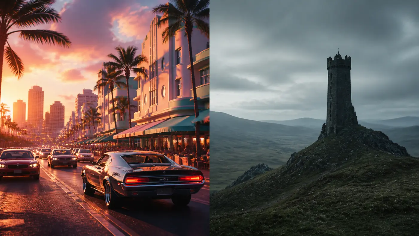 Image scindée en deux ambiances : à gauche une métropole balnéaire moderne au coucher de soleil, palmiers, façades art déco et néons chauds dans le style de Vice City de GTA VI ; à droite un vaste paysage historique froid et brumeux avec une haute tour de guet en silhouette sur une colline, évoquant un monde ouvert Assassin's Creed