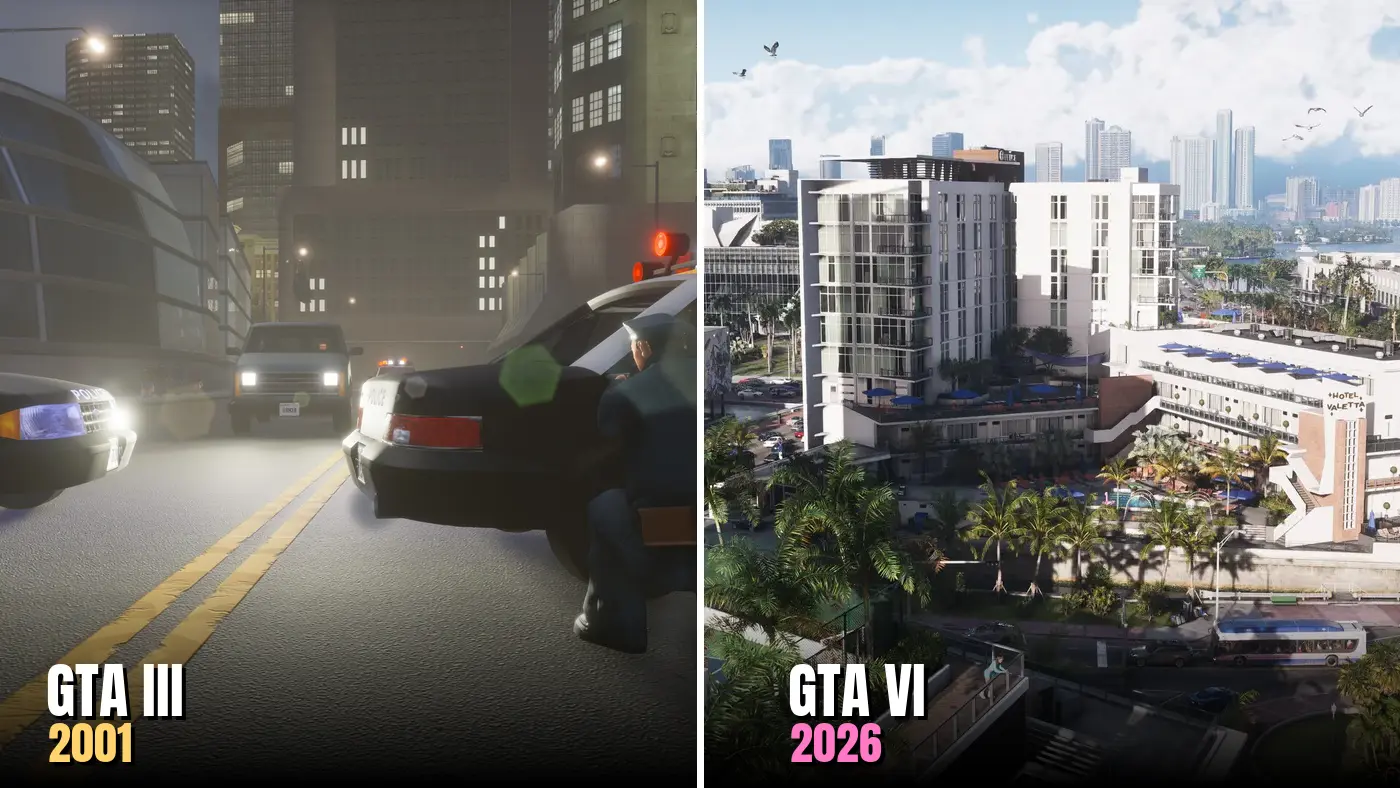 Diptyque comparant GTA III (rue de Liberty City la nuit, version remaster) et GTA VI (Vice City ensoleillée vue du ciel)