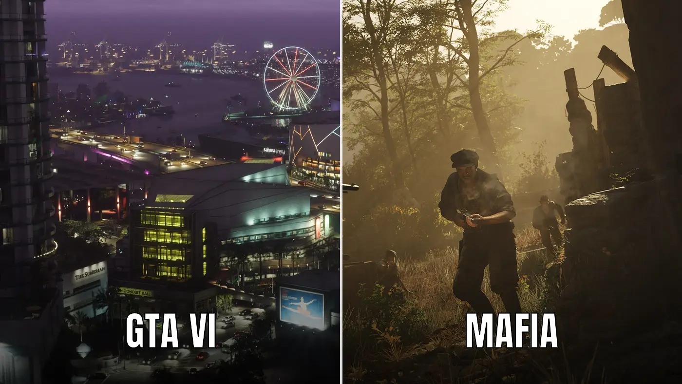 Image scindée en deux : à gauche, la métropole nocturne de Vice City dans GTA VI, néons, grande roue et gratte-ciel au bord de l'eau, sous le label GTA VI ; à droite, un homme armé traverse une campagne sicilienne dorée au soleil couchant dans Mafia: The Old Country, sous le label MAFIA