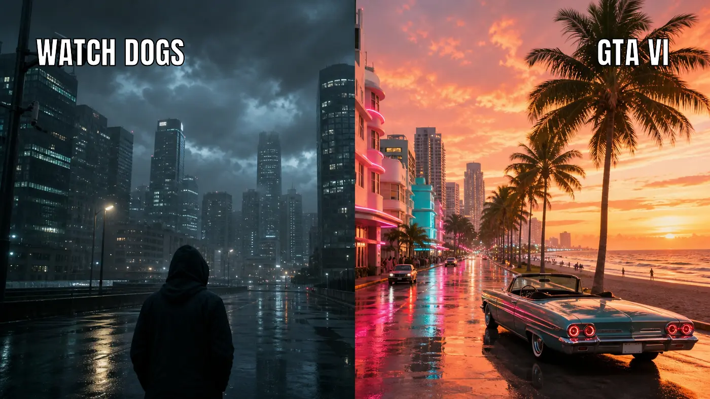 Image scindée en deux ambiances : à gauche une métropole nord-américaine grise et pluvieuse, écrans de surveillance et gratte-ciel froids évoquant Watch Dogs ; à droite un front de mer de Vice City au coucher de soleil, palmiers et néons pastel chauds dans le style de GTA VI
