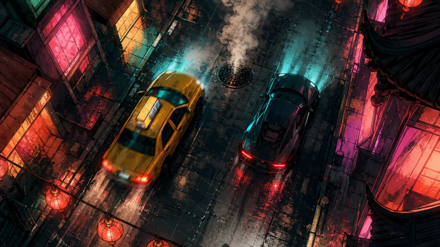 Vue plongeante nocturne d'une rue de quartier chinois sous la pluie, dessinée en style comic-book aux contours noirs : un taxi jaune et une voiture de sport sombre roulent sur l'asphalte mouillé qui reflète les néons roses et turquoise, des lanternes rouges pendent au-dessus de la chaussée