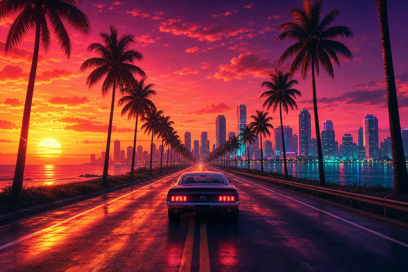 Illustration façon affiche GTA : une muscle car roule sur une route côtière au coucher de soleil vers une skyline néon, palmiers de part et d'autre, ciel magenta et orange