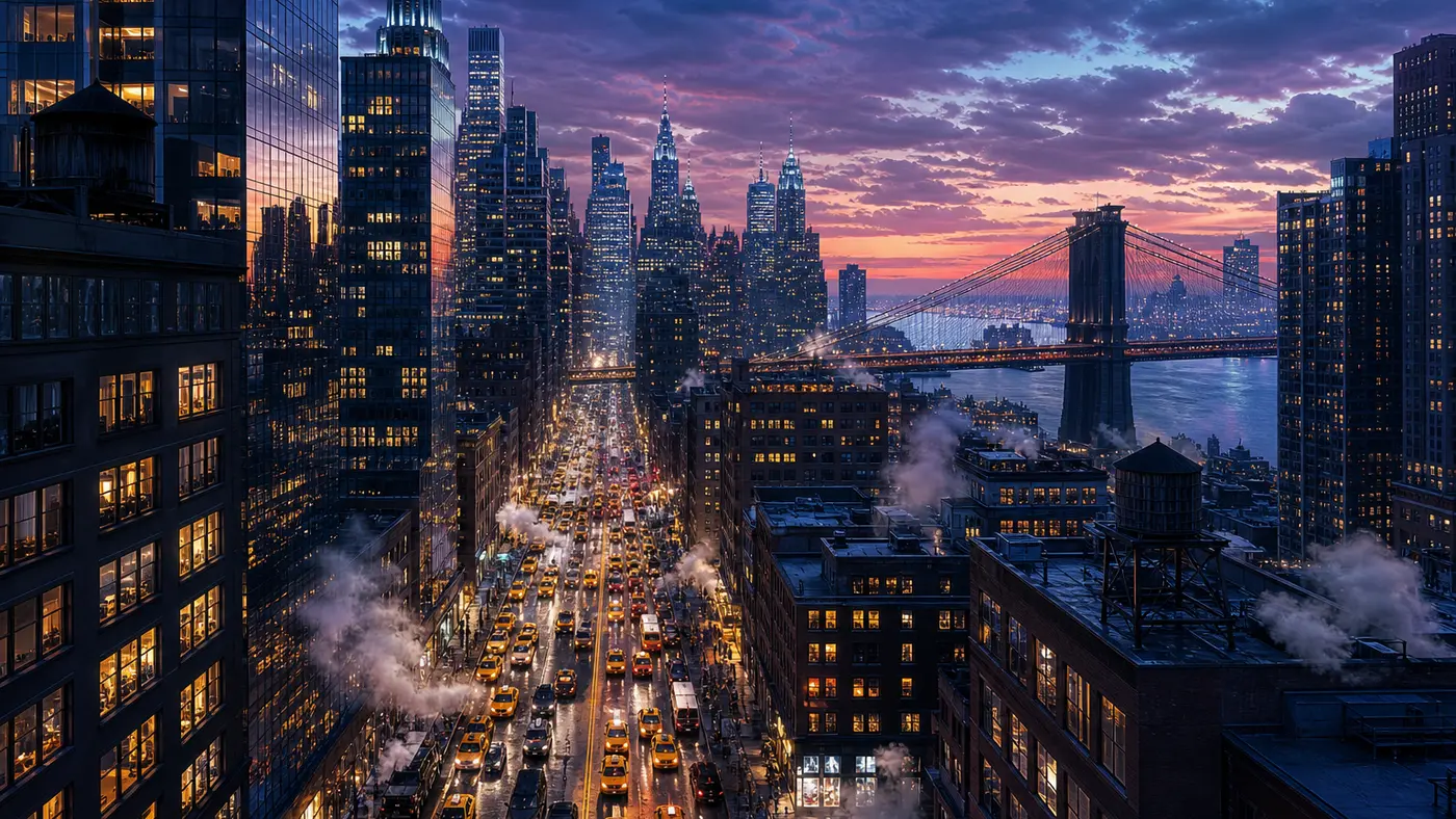 Illustration façon key-art GTA d'une skyline dense de gratte-ciel inspirée de Manhattan au crépuscule, taxis jaunes dans une avenue, pont suspendu au-dessus de l'eau en arrière-plan, lumière froide