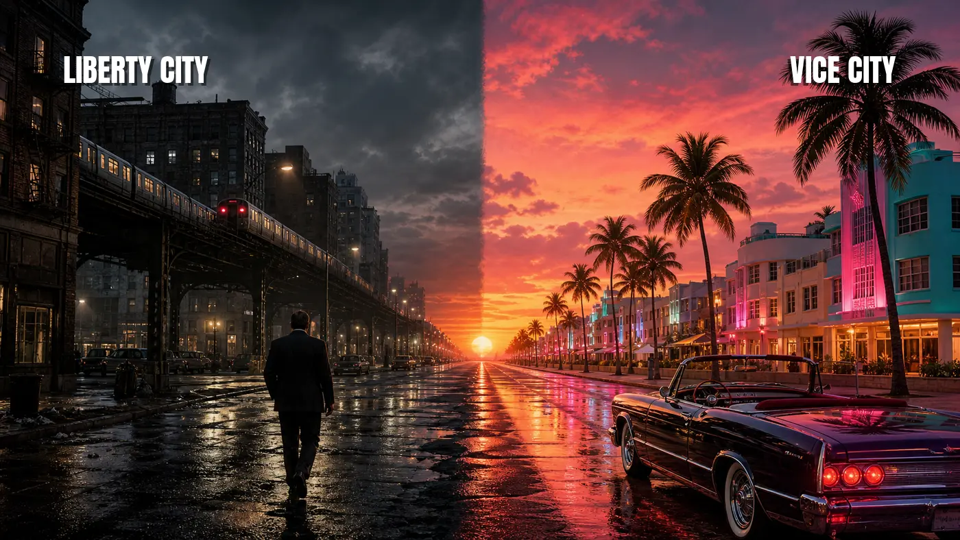 Diptyque illustrant Liberty City sombre et pluvieuse à gauche, Vice City au coucher de soleil néon à droite, dans le style key-art de GTA
