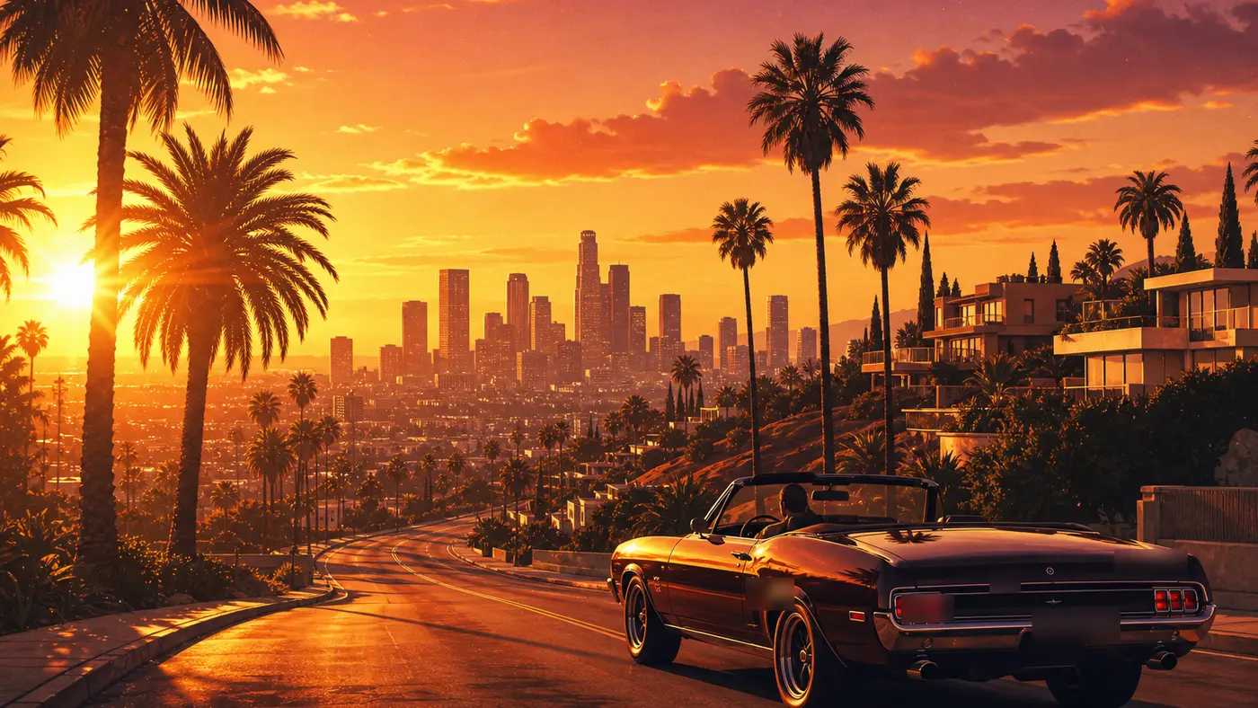 Illustration façon key-art GTA d'un boulevard bordé de palmiers descendant vers une skyline de centre-ville inspirée de Los Angeles au coucher de soleil, villas à flanc de colline, décapotable classique sur la route, lumière dorée