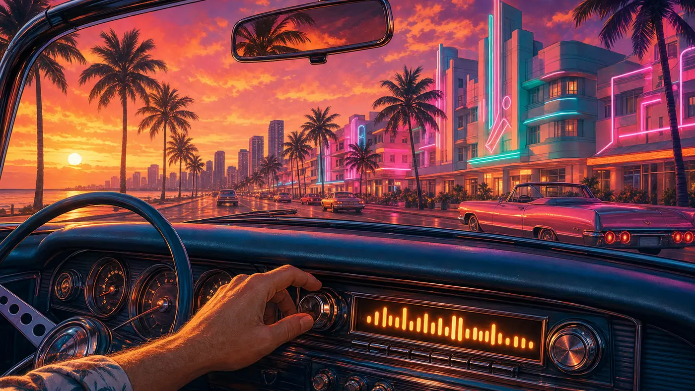 Illustration cinématique façon jaquette GTA : un autoradio vintage aux boutons chromés sur le tableau de bord d'une voiture ancienne, palmiers et néons de Vice City au coucher de soleil derrière le pare-brise