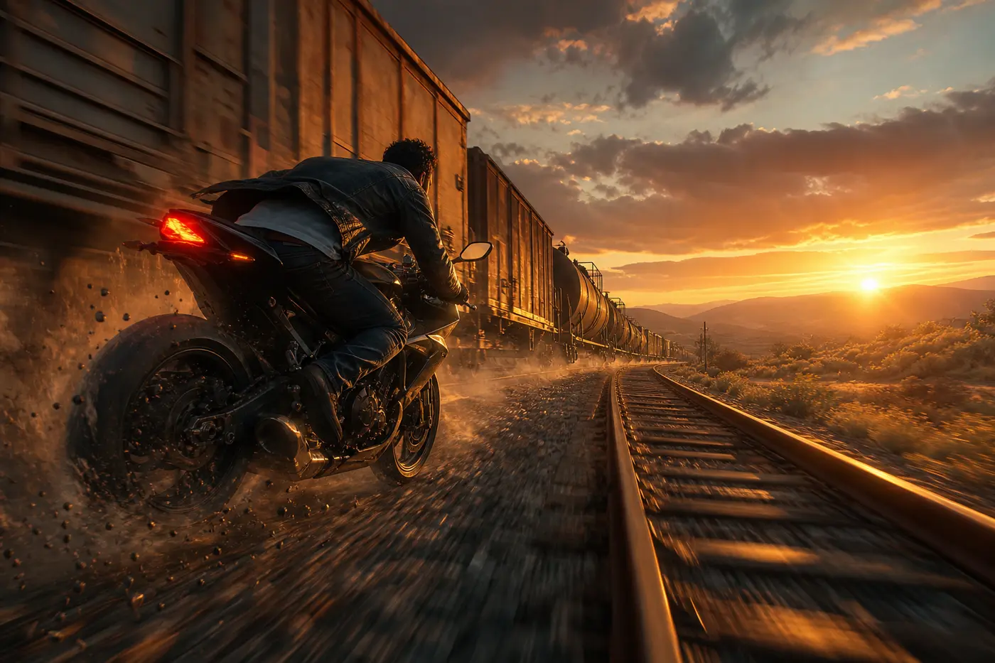 Illustration cinématique façon écran de chargement Grand Theft Auto : un motard lancé à pleine vitesse le long d'une voie ferrée poursuit un long train de marchandises à travers des collines arides au coucher de soleil