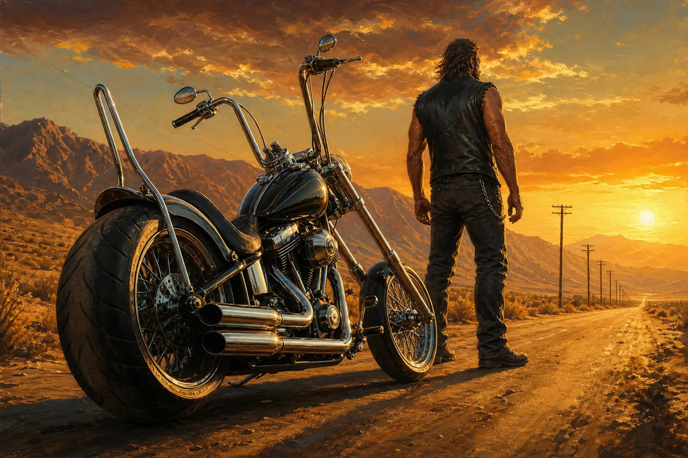 Illustration façon jaquette GTA d'un chopper américain chromé, longues fourches et guidon haut façon Harley-Davidson, garé au bord d'une route désertique au coucher de soleil, poteaux téléphoniques et montagnes au loin, motard en gilet de cuir, ambiance Blaine County