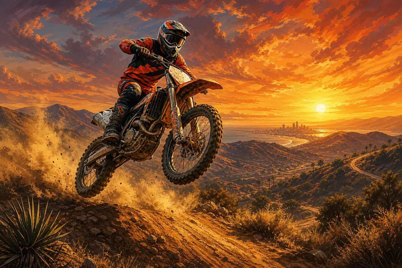 Illustration façon jaquette GTA d'un pilote sur un motocross en plein saut au-dessus d'une butte de terre dans un décor de campagne aride, nuage de poussière, lumière dorée de fin de journée, ambiance arrière-pays de San Andreas