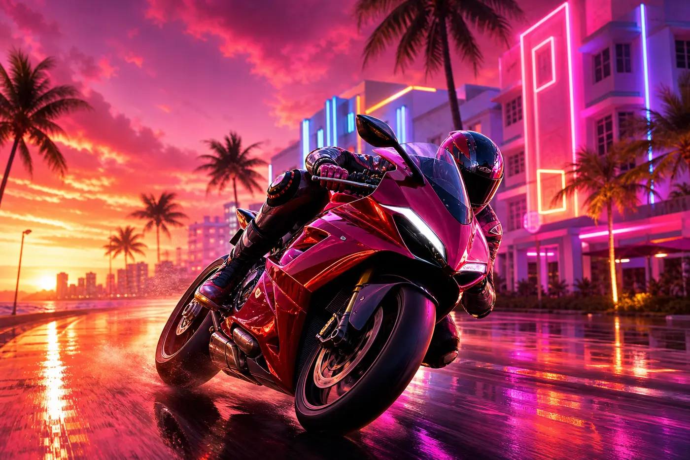 Illustration façon jaquette GTA : une moto sportive japonaise carénée, façon Suzuki Hayabusa, penchée à fond dans un virage sur un boulevard côtier bordé de palmiers au coucher de soleil orangé et magenta, pilote en combinaison et casque intégral, immeubles Art déco et néons à l'arrière-plan, asphalte mouillé qui reflète les lumières