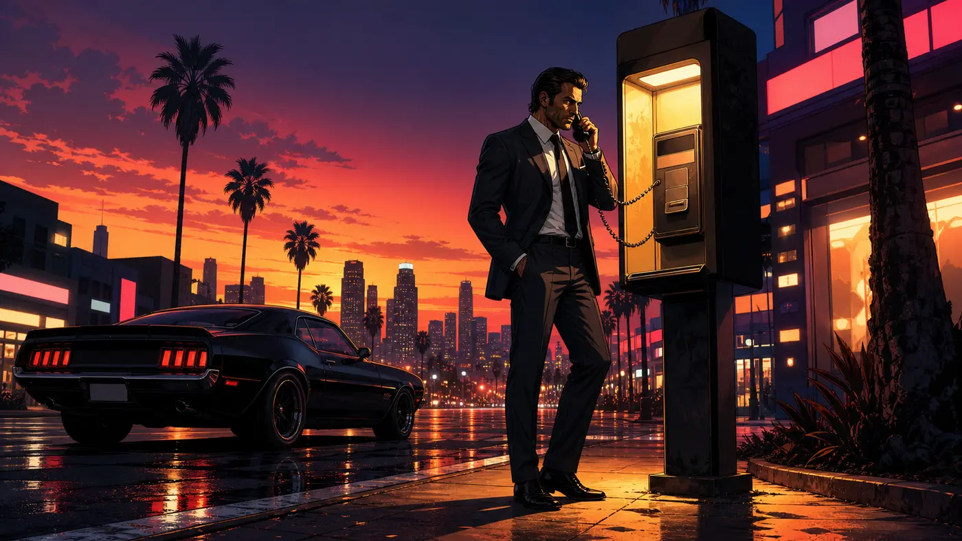 Un homme en costume sombre décroche un téléphone public éclairé à un coin de rue de Los Santos au crépuscule, une muscle car noire garée au bord du trottoir, palmiers et skyline orangée en fond, chaussée mouillée qui reflète les néons, illustration façon GTA