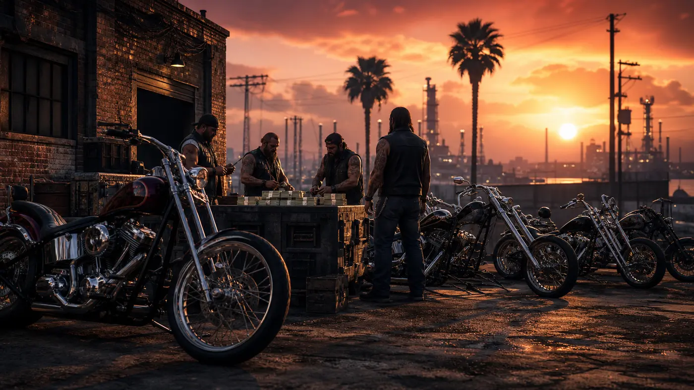 Un club de motards en gilets de cuir compte des liasses de billets sur une caisse devant leur clubhouse en brique de Los Santos, une rangée de choppers chromés garés au coucher de soleil orange avec des raffineries industrielles à l'horizon