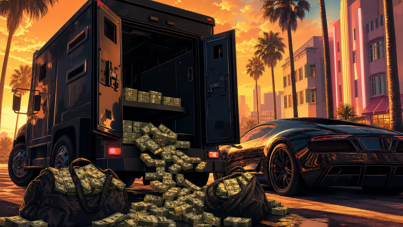 Illustration façon jaquette GTA : fourgon blindé noir portes ouvertes laissant échapper des liasses de billets et des sacs de cash, voiture de sport noire à côté, palmiers et immeubles pastel de Los Santos au coucher du soleil