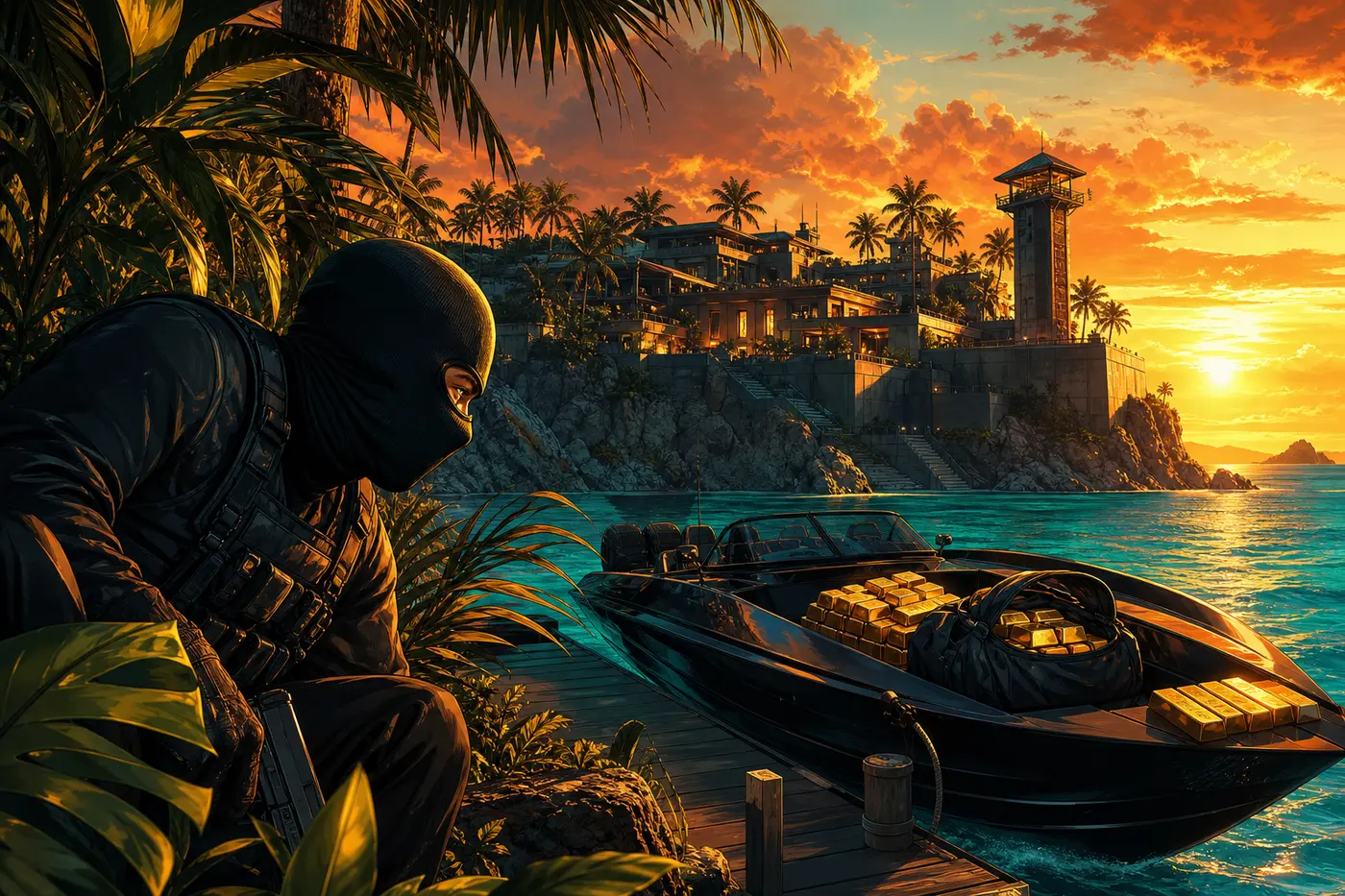Illustration façon jaquette GTA : un braqueur masqué en tenue tactique accroupi dans la végétation d'une île tropicale au coucher du soleil, une vedette rapide noire chargée de lingots d'or amarrée au ponton, un complexe fortifié avec tour de garde sur la falaise