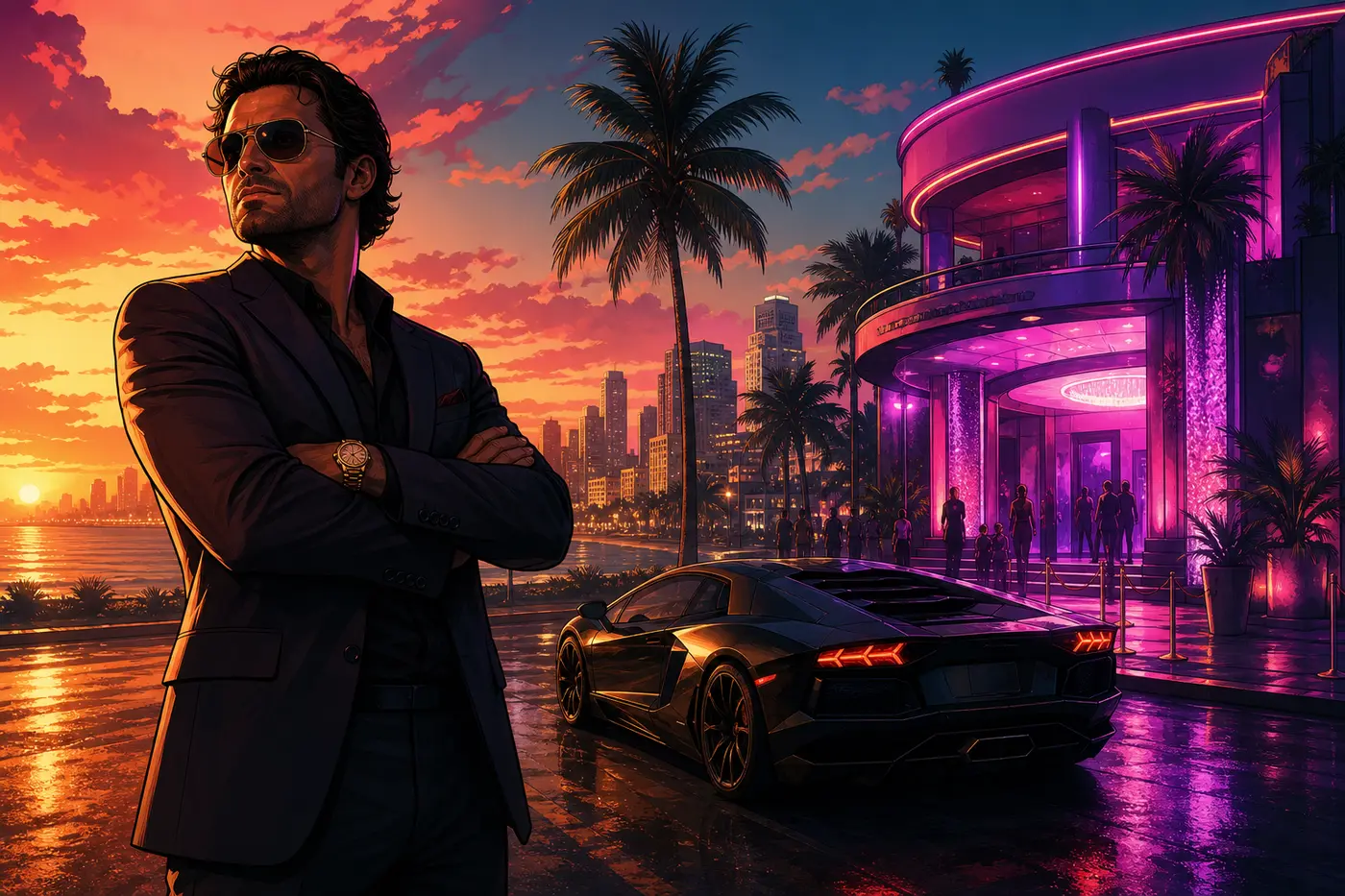Illustration façon jaquette GTA : un personnage en costume sombre debout devant une boîte de nuit aux néons roses et une supercar garée, au coucher du soleil dans Los Santos, choisissant son empire criminel