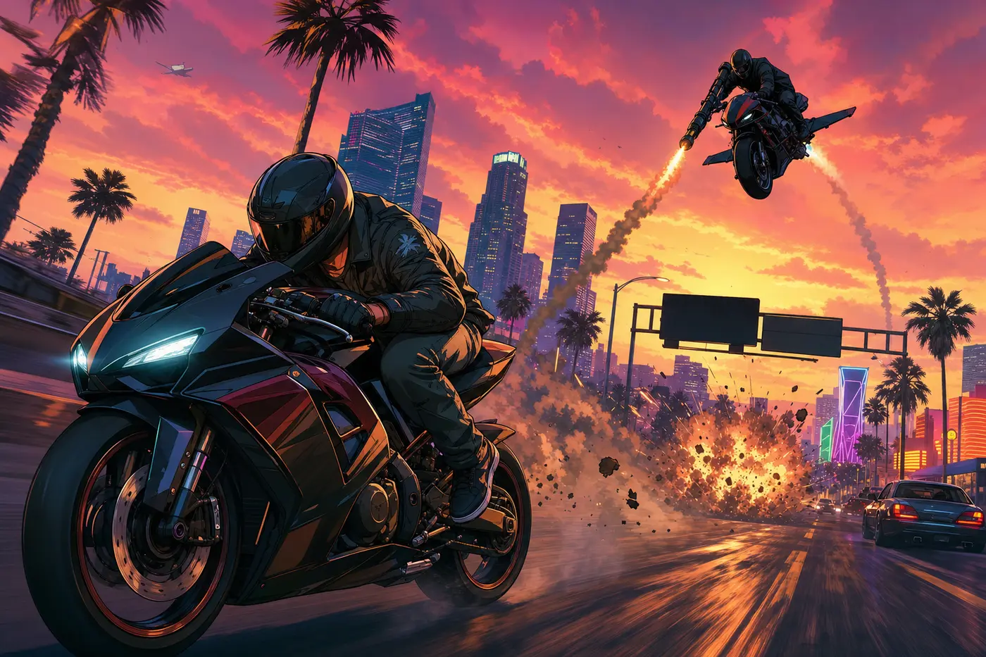 Illustration façon jaquette GTA : un joueur fuyant sur une moto de sport dans une rue de Los Santos au crépuscule, tandis qu'une silhouette menaçante sur une moto volante à roquettes plane au-dessus, explosions et palmiers en arrière-plan