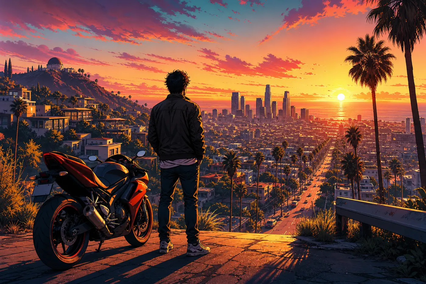 Illustration façon jaquette GTA : un jeune personnage de dos sur un promontoire au coucher du soleil, dominant la skyline de Los Santos avec ses collines de Vinewood, ses gratte-ciel et ses palmiers, une moto de série garée à côté de lui