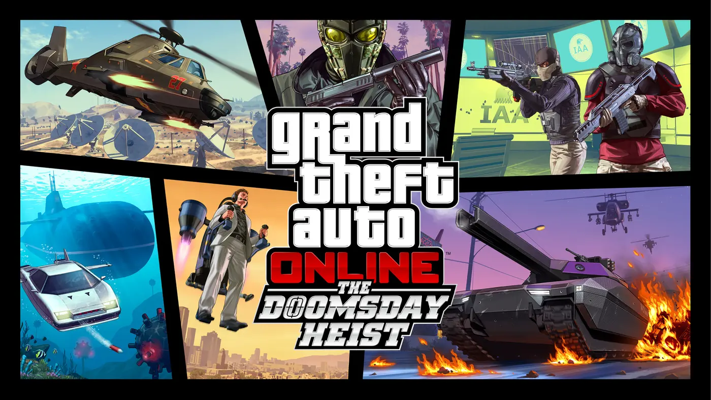 Artwork officiel de The Doomsday Heist réunissant plusieurs véhicules armés de GTA Online : un char de combat en flammes, une voiture-sous-marin blanche lançant une torpille, un hélicoptère d'attaque et un personnage en jetpack