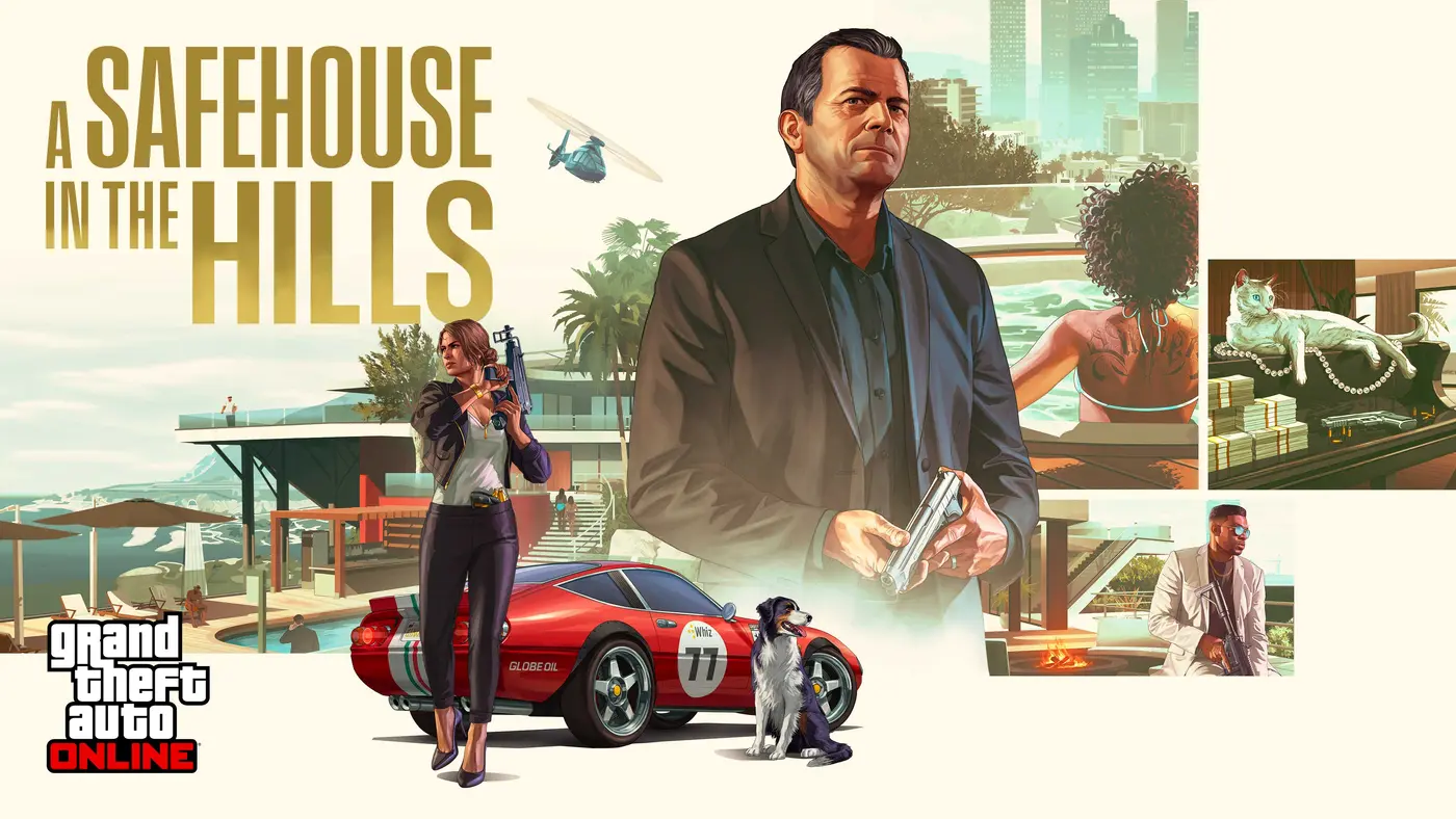 Key art officiel de GTA Online : A Safehouse in the Hills, montrant Michael De Santa au centre, une femme armée d'un fusil doré, une voiture de sport rouge de course, un chien, des manoirs avec piscines dans les collines de Los Santos