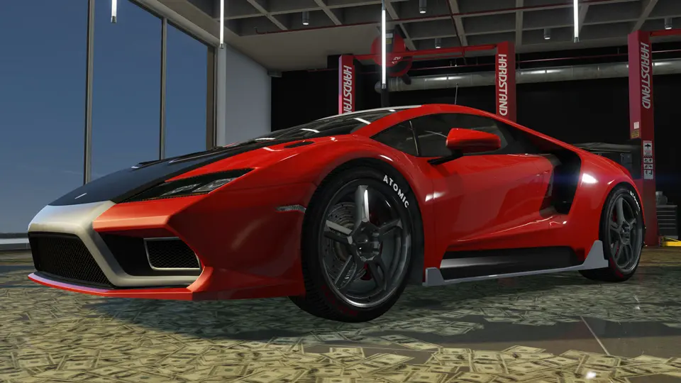 Une supercar rouge et noire garée dans un garage avec des ponts élévateurs en arrière-plan, des billets de banque éparpillés autour de ses roues