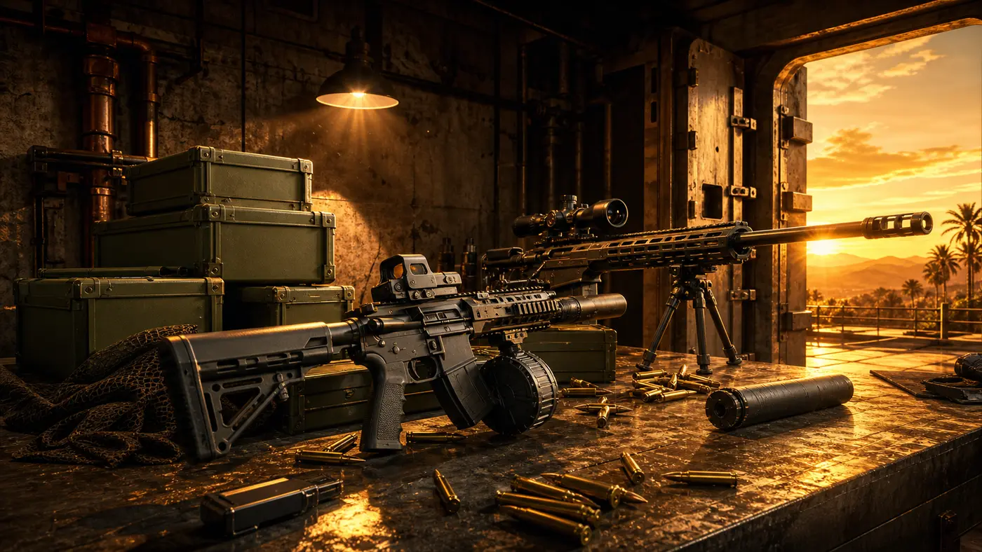 Illustration façon jaquette GTA : un fusil d'assaut personnalisé à chargeur tambour et viseur holographique et un fusil de précision lourd sur bipied posés sur un établi en acier, caisses de munitions et douilles dorées, dans un bunker souterrain ouvert sur un coucher de soleil désertique de San Andreas