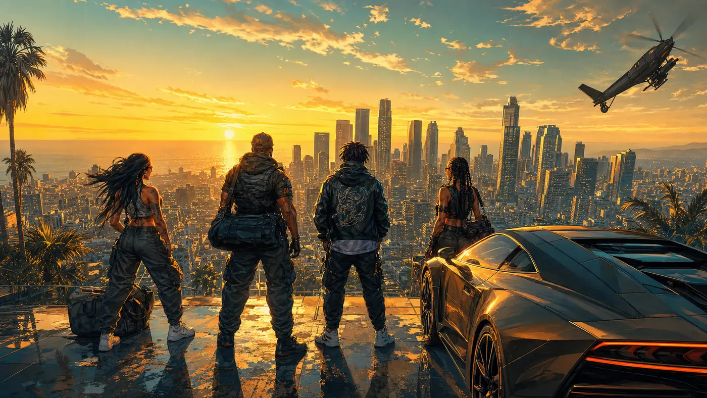 Illustration façon jaquette GTA : un équipage de criminels sur un toit de gratte-ciel de Los Santos au coucher du soleil, supercar garée et hélicoptère au loin, dominant une skyline dorée face à l'océan