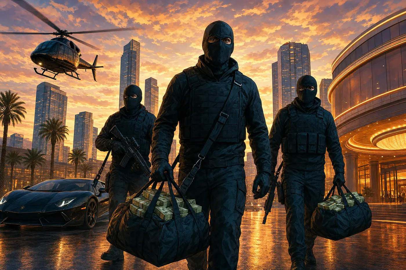 Illustration façon jaquette GTA : un trio de braqueurs masqués en tenue tactique avance avec des sacs de billets devant les gratte-ciels de Los Santos au coucher du soleil, supercar et hélicoptère en arrière-plan