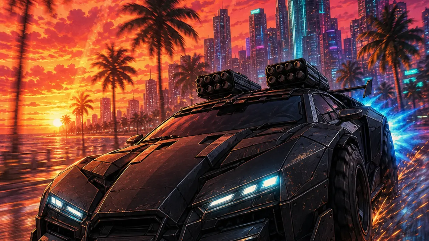 Illustration façon jaquette GTA : une supercar blindée noire équipée de lance-roquettes sur le toit, boost à réaction et traînées de missiles dans le ciel, filant sur un front de mer de Los Santos au coucher du soleil, gratte-ciel néon en arrière-plan