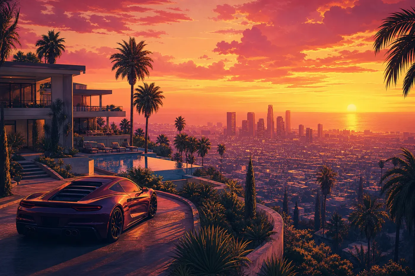 Illustration façon jaquette GTA : un manoir moderne perché dans les collines de Vinewood avec piscine à débordement et palmiers, une supercar rouge garée dans l'allée, la skyline de Los Santos et l'océan au coucher du soleil orange en contrebas
