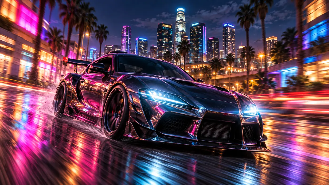 Illustration façon jaquette GTA : une voiture de tuning lancée à pleine vitesse dans les rues néon d'une ville façon Los Santos la nuit, gratte-ciel illuminés en arrière-plan, asphalte mouillé réfléchissant les néons roses et cyan